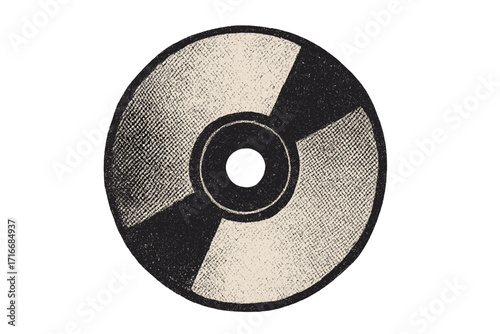 Halftone dot print CD symbol. Vintage grunge punk cutout shape. Retro offset newspaper texture. Vector illustration concept for music, audio, rock album, or data storage.