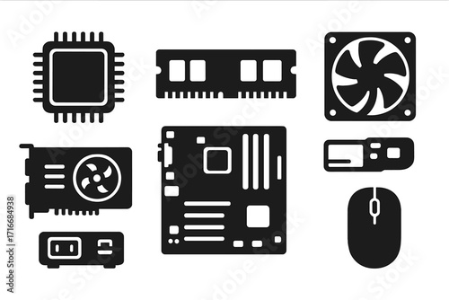 Computer hardware components icons set. PC building parts silhouette collection. Vector illustration of CPU, GPU, RAM, motherboard, fan, and power supply for tech design.