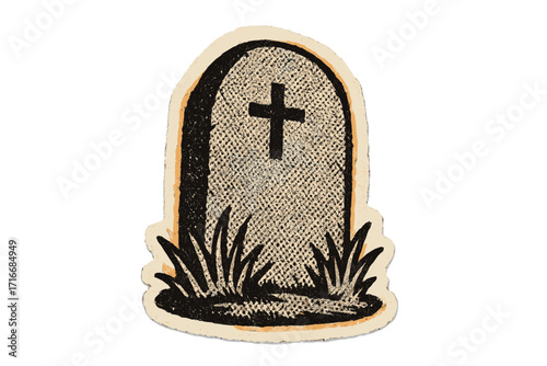 Vintage Halloween tombstone sticker with halftone paper collage effect, dotted texture, 90s zine style, mixed media vector cartoon illustration with cross and grass elements