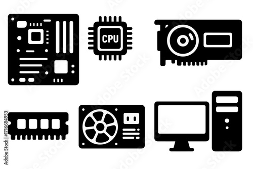 Computer hardware components icon set. PC parts glyph collection. Motherboard, CPU, GPU, video card, RAM memory, power supply, desktop computer vector illustration.