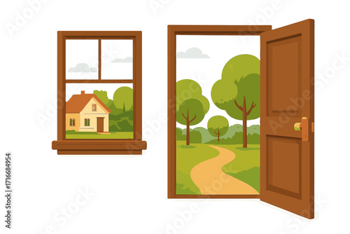 Open door to nature and summer landscape. New opportunity and beginning concept. Path to a new home or future journey. Window view on a house. Flat vector illustration.