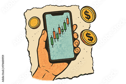 Hand holding smartphone with candlestick chart and floating dollar coins, stock market investing concept, financial planning, money saving, earnings, and payments, paper torn textured background