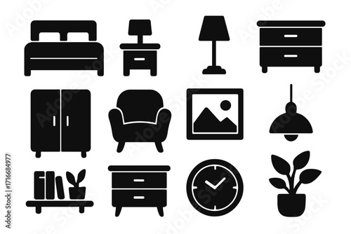 Home furniture icons silhouette set. Vector collection of simple interior design glyphs. Bedroom essentials and living room decor symbols like bed, chair, lamp, and wardrobe.