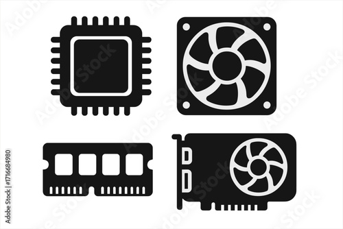 Computer hardware components icon set. CPU, RAM, GPU, and fan silhouettes. Vector graphic collection for tech and electronics design. Processor, memory, and video card symbols.