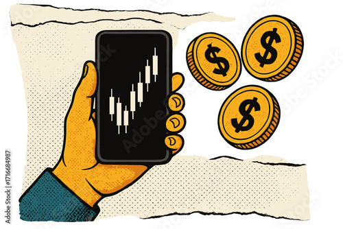 Hand holding smartphone with candlestick chart and flying coins, stock market investing concept, financial planning, money saving and earning, digital finance illustration