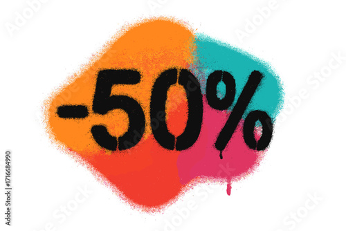 Graffiti spray paint sale banner. -50 percent off discount promotion. Urban street art stencil text on colorful abstract shape. Grunge textured vector illustration for marketing.