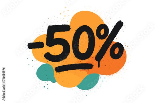 Sprayed -50 percent off urban graffiti over abstract color shape. Vector illustration for sale promotion, discount banner. Street art tag with overspray texture.