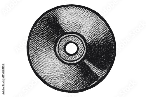 Vector illustration of a CD with halftone dot print texture. Retro macro offset newspaper style symbol. Vintage grunge punk cutout shape for music or data concepts.