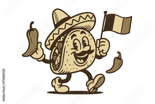 Retro cartoon taco mascot with sombrero and chili. Mexican food character holding flag. Vintage logo for fast food restaurant menu. Hand drawn vector illustration isolated.