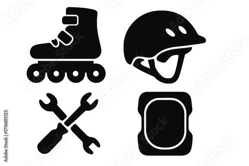 Inline skating gear icon set. Rollerblading equipment silhouette collection. Vector icons of a skate, helmet, protective pads, and maintenance tools for repair and safety.