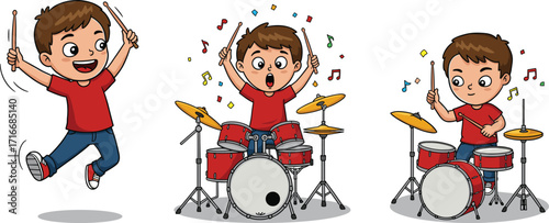 Happy boy playing drums cartoon illustration, child musician with drum set, cute kid drummer practicing music, fun performance, musical art