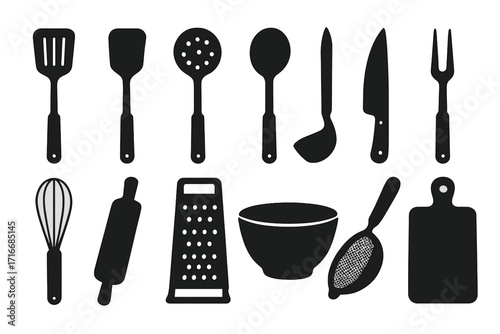Kitchen utensils silhouette icon set. Vector collection of cooking and baking tools. Culinary equipment for food preparation, restaurant menu design. Spatula, whisk, knife, bowl.