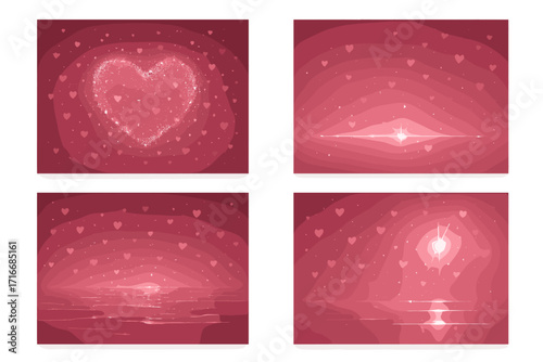 Valentine's Day pink glittering heart particles and reflections on water, glowing glare and glass highlights, romantic social media backgrounds, product presentations, photo shots, vector illustration