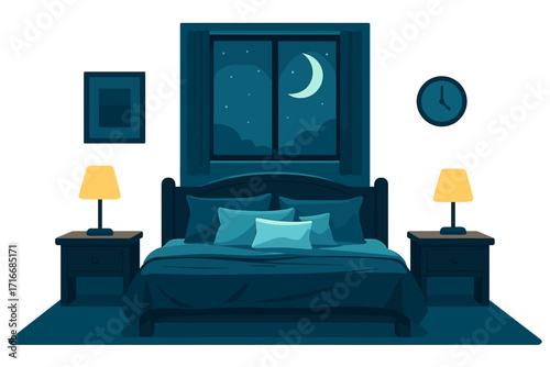 Cozy bedroom interior at night with moonlight through window, bed with multiple pillows, nightstands with lamps, modern flat style vector illustration for home decor