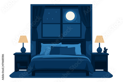 Vector bedroom interior at night with cozy bed and many pillows under moonlight, nightstands with lighting lamps, window with curtains, flat style vector illustration for home decor and sleep concepts