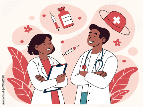 Two smiling doctors a man and a woman confidently collaborating on healthcare solutions representing