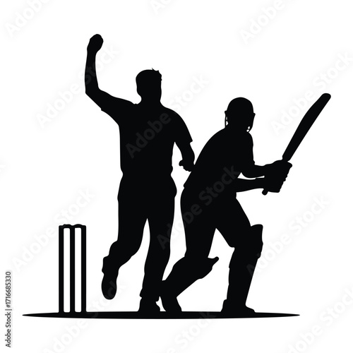 Cricket players batting and bowling action silhouettes