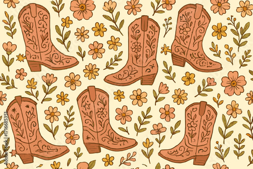 Retro 70s seamless pattern with western cowgirl boots and groovy floral elements. Vintage Texas country style background. Boho chic fashion vector illustration with flowers.