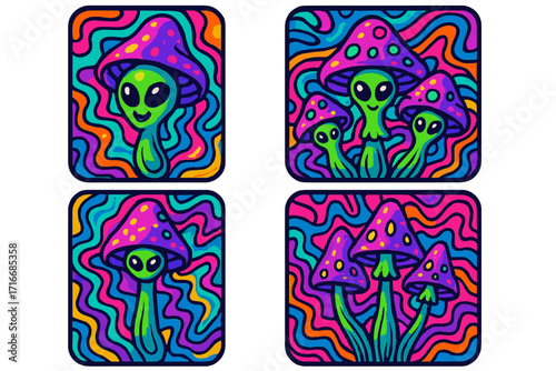 Psychedelic alien magic mushrooms character set. Trippy 90s retro groovy vector illustration. Wavy fluid neon background pattern for rave and trance festival design mascot.