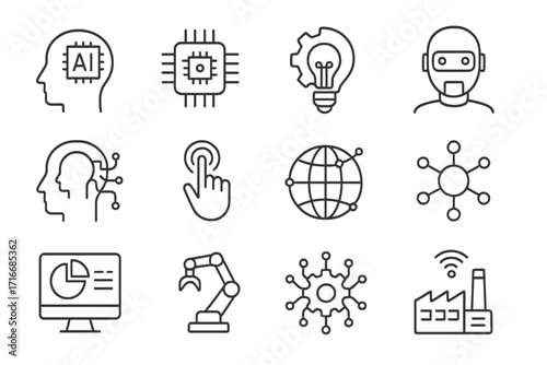 AI artificial intelligence icon set. Future tech, machine learning, robotics. Industry 4.0 innovation. Digital brain, automation, network, big data. Thin line vector graphics.