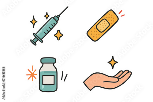 Vaccination and immunization sticker set. Medical health care concept. Vector icons with syringe for injection, vaccine vial, and adhesive bandage patch. Time to vaccinate.