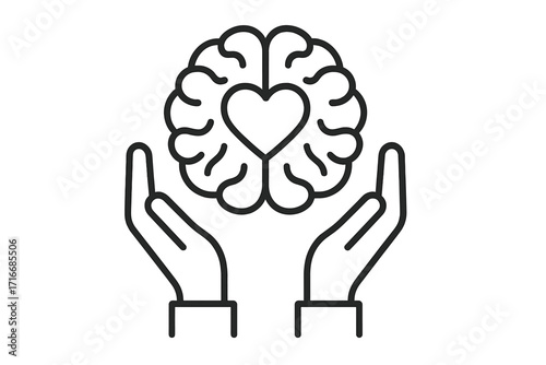 Mental health care icon. Psychology concept with hands holding brain and heart. Emotional intelligence, empathy, wellness, and neurology. Mind and feelings harmony symbol.