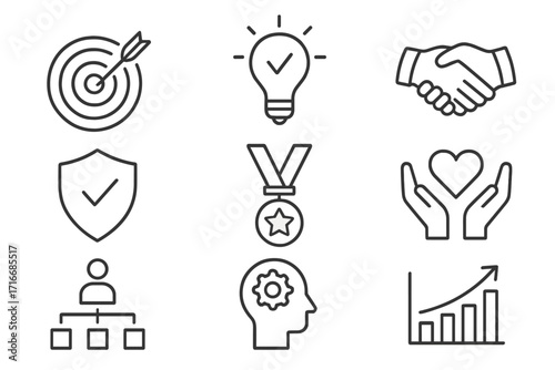 Core values thin line icon set. Business success and integrity principles vector collection. Mission, vision, ethics, passion, quality, trust, growth, and innovation concepts.