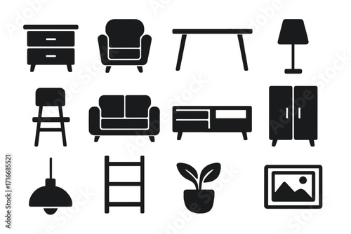 Furniture and home icons set. Minimalist vector illustration for modern interior design. Simple black glyph symbols collection of a couch, armchair, table, lamp, and wardrobe.