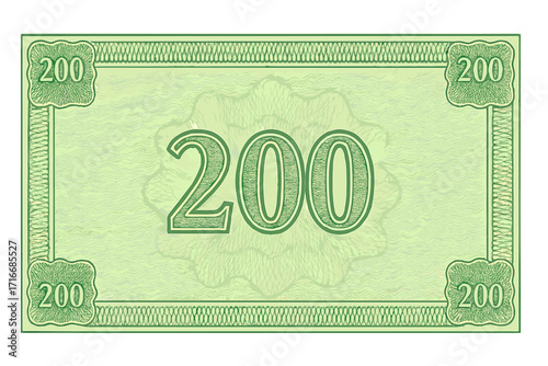 Green 200 banknote voucher template with guilloche pattern, watermark security design, currency style border, gift voucher, coupon, diploma money design concept, financial note