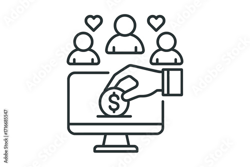 Crowdfunding online for charity concept. Community support and collective donation icon. Digital giving, fundraising, sponsorship and investment. Vector money line art for business.