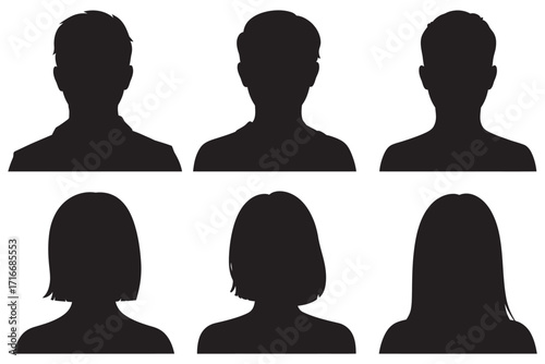 Generic collection of anonymous male and female head and shoulder silhouettes, perfect as default user avatars, profile picture placeholders, or abstract identity symbols