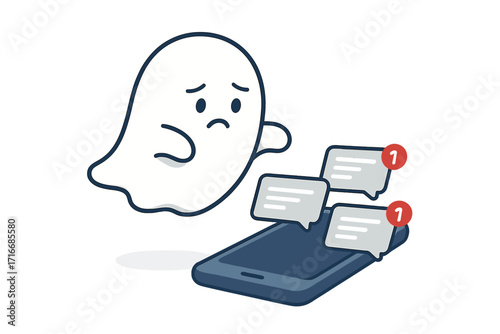Ghosting concept vector. Cute sad cartoon ghost ignoring unread chat messages on smartphone. Ignored phone text. Digital communication, online relationship anxiety.