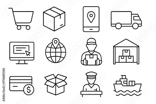 Logistics and delivery vector icon set. E-commerce, online shopping, shipping. Package tracking, courier, warehouse, cargo truck, ship transport, customs and payment method.