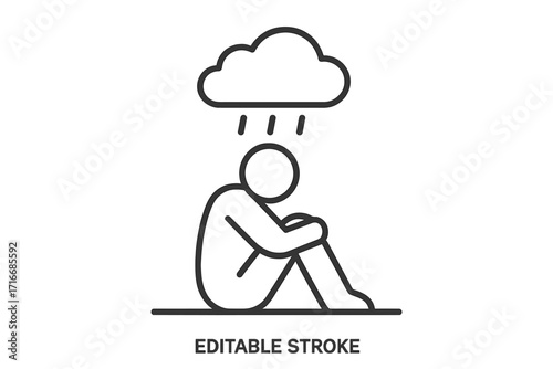 Depression and sadness line icon. Mental health concept. Unhappy person sitting in rain. Metaphor for anxiety, grief, loneliness, emotional pain and despair. Psychology symbol.