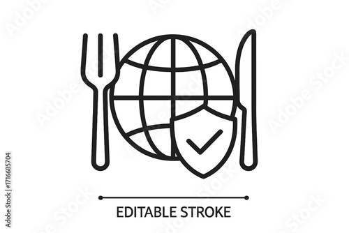 Global food security and nutrition protection concept. Globe with fork, knife, and shield icon. Symbol for safe food supply, worldwide hunger relief and health. Vector line art.