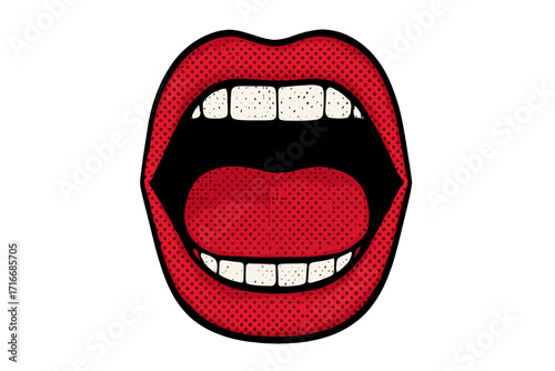Wide open female mouth with halftone dots, front view, isolated vector cartoon illustration, bright red lips and white teeth, pop art style, transparent background