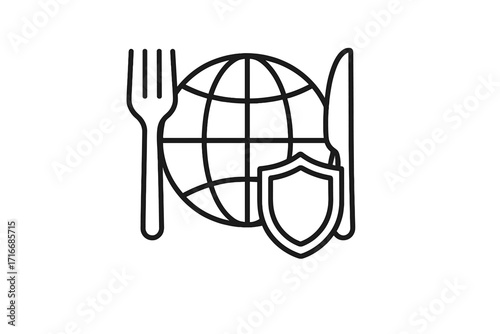 Global food security and nutrition protection concept. World globe with fork, knife, and shield icon. Safe food supply, hunger relief, and international food safety symbol.