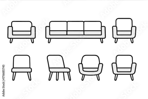 Furniture line icon set. Sofa and armchair vector collection. Minimalist outline illustration for interior design. Modern, simple cartoon graphic for home decor elements.
