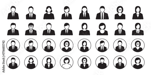 Set of black and white user icons representing diverse individuals in business attire for profile pictures