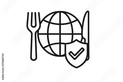 Global food security and nutrition icon. World hunger relief, safe food supply concept. Planet earth with fork, knife, shield and checkmark. Vector line symbol illustration.