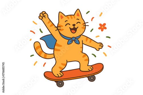 Cheerful orange cat hero riding skateboard with blue cape celebrating, funny cartoon illustration for greeting cards, posters, prints, cheerful congratulation design