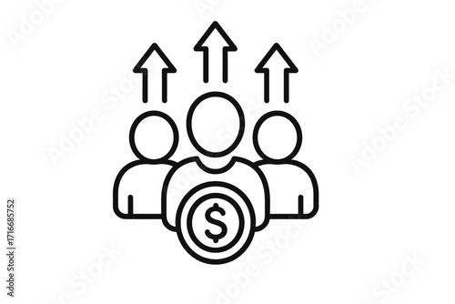 Group fundraising vector icon. Community finance, teamwork, collective effort, support for business growth. Crowdfunding, investment, profit concept. People, coin, money.