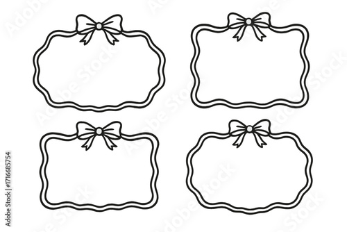 Vintage ribbon frames set. Hand-drawn doodle style borders with bow. For greeting card, wedding, menu, birthday, party invitation. Retro wavy label tag collection.