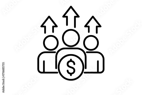 Group fundraising icon. Community finance and teamwork for investment growth. Collective effort and support concept. Crowdfunding, people, coin, and arrows up illustration.