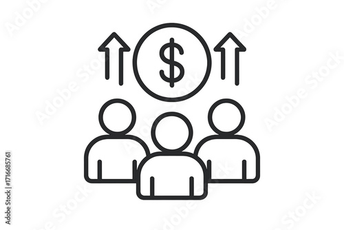 Group fundraising vector icon. Community finance and collective effort for investment or donation. Teamwork and support concept. People, coin, money and arrows up line symbol.