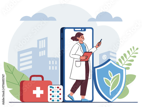 Female doctor providing online medical consultation offering healthcare protection and safety via mo