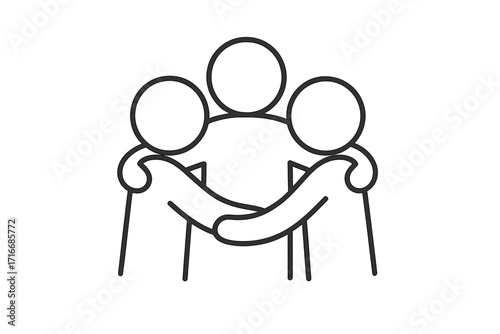 Group hug icon. Three people embracing symbolizes friendship, unity, and support. Line art for community, teamwork, and love. Vector for emotional connection, togetherness, and celebration.