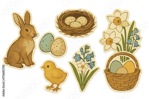 Vintage Easter sticker set. Retro paper collage with traditional holiday elements. Watercolor bunny, chick, eggs in basket and nest. Spring flowers, daffodil, for scrapbooking.