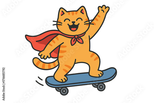 Cheerful orange cat superhero riding skateboard, happy cartoon feline with red cape, congratulation greeting card design, fun playful pet on skateboard illustration