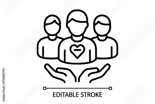 Volunteering and charity linear icon. Group of three people representing community, unity, and teamwork. Metaphor for social support, donation, help, and collaboration.